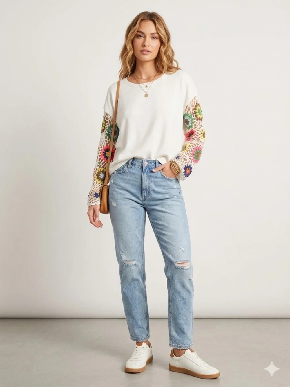 Umgee Ivory Crochet Sleeve Top Boho Floral Knit Sleeve Tee Lightweight LARGE - Picture 1 of 10